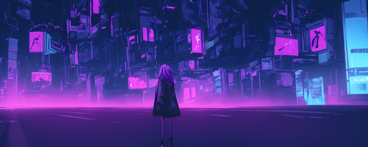 Girl with purple hair looking at cyberpunk streets at night