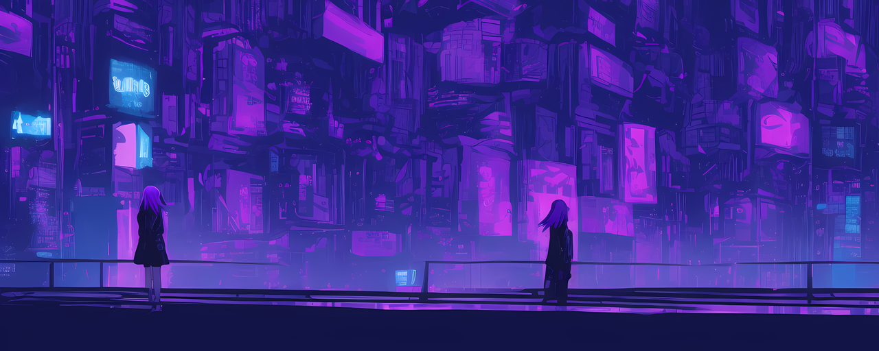 Girl with purple hair looking at cyberpunk street at night